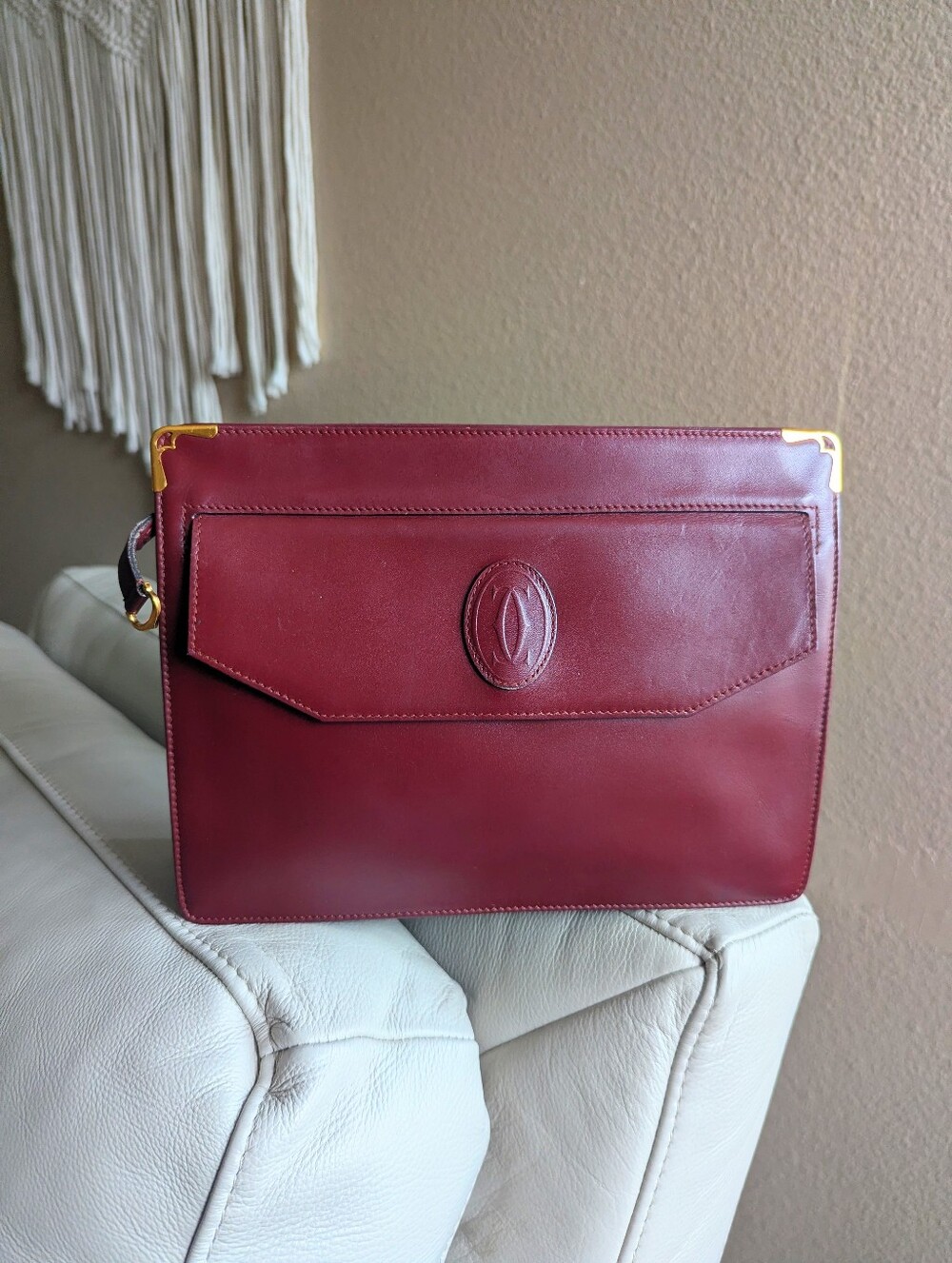 Vintage Must De Cartier Burgundy Leather Clutch with Gold Corner Accents